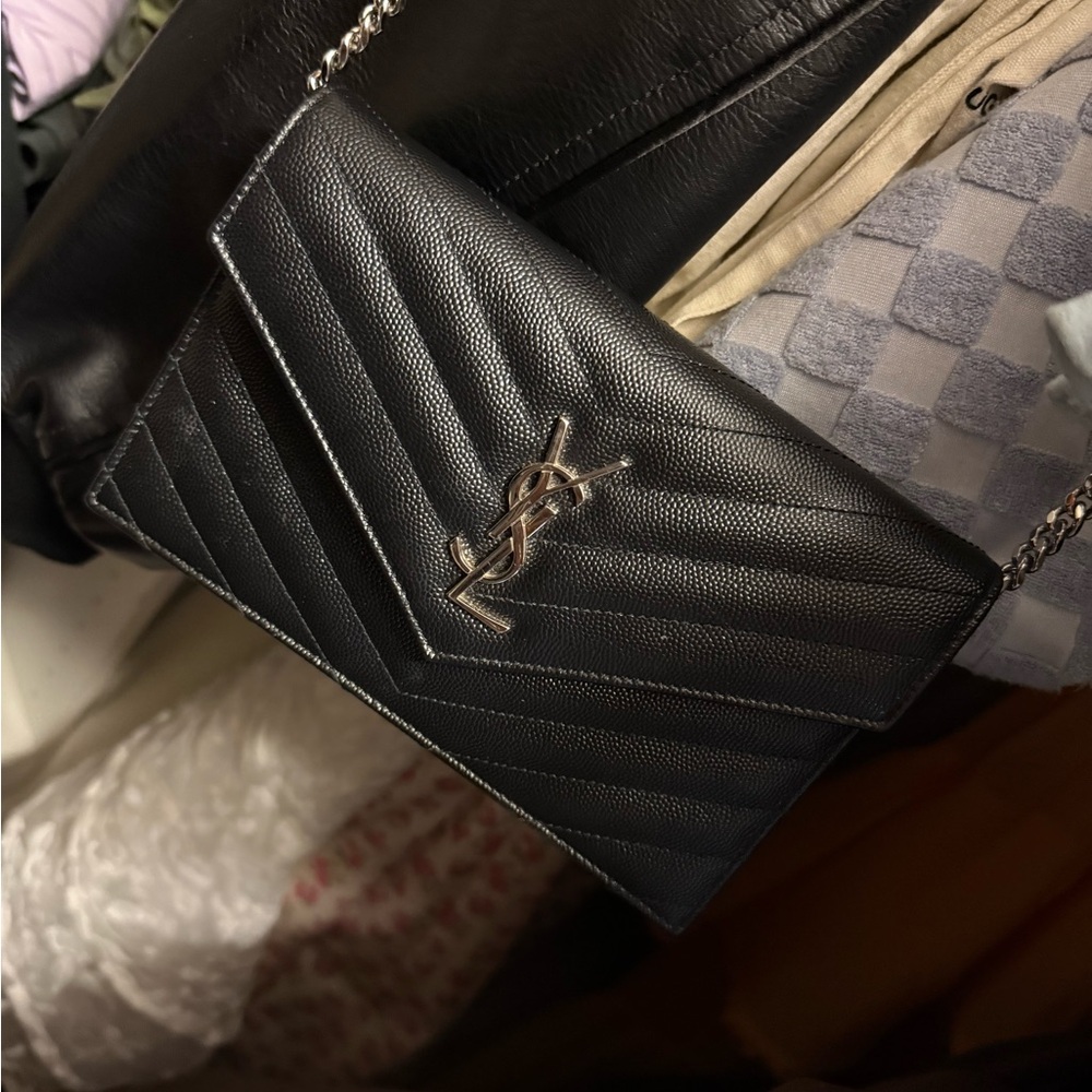 Yves Saint Laurent Black Chevron Leather Wristlet